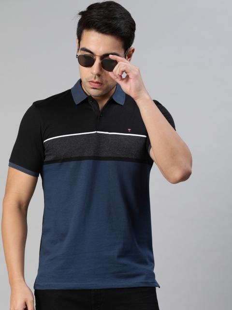 

Louis Philippe Sport Men Navy Blue & Black Striped Polo Collar T-shirt