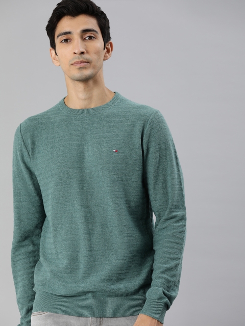 

Tommy Hilfiger Men Sea Green Self-Striped Pullover Sweater