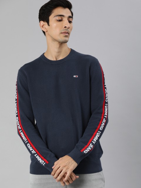 

Tommy Hilfiger Men Navy Blue Solid Organic Cotton Pullover Sweater with Side Taping