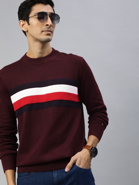 

Tommy Hilfiger Men Maroon & White Striped Pullover Sweater