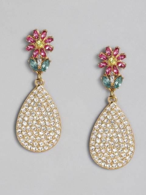 

DressBerry Pink & Green Gold-Plated Studded Teardrop Shaped Drop Earrings