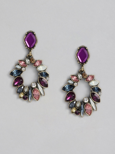 

DressBerry Multicoloured & Gold-Toned Antique Stone Studded Oval Drop Earrings, Multi