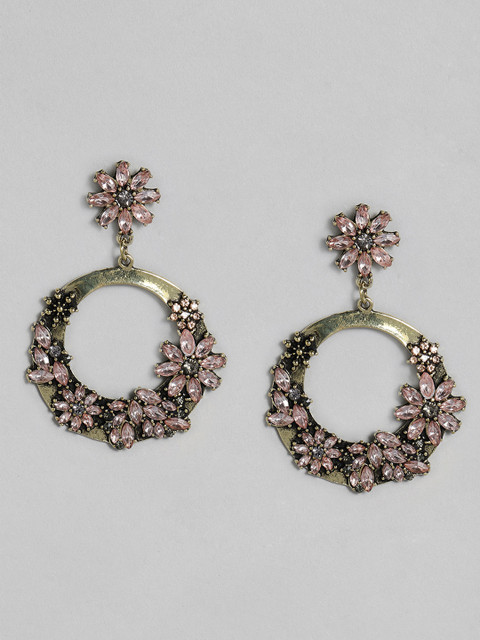 

DressBerry Gold-Toned & Pink Studded Antique Floral Design Circular Drop Earrings