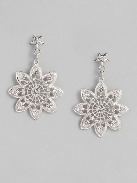 

DressBerry Silver-Plated Studded Floral Drop Earrings