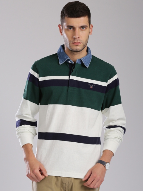 

GANT Green & Off-White Striped Polo T-shirt