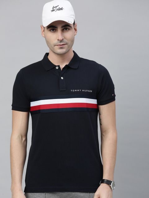 

Tommy Hilfiger Men Navy Blue Striped Slim Fit Polo Collar T-shirt