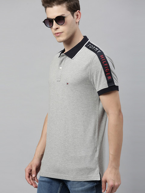 

Tommy Hilfiger Men Grey Solid Polo Collar T-shirt with Taping Detail