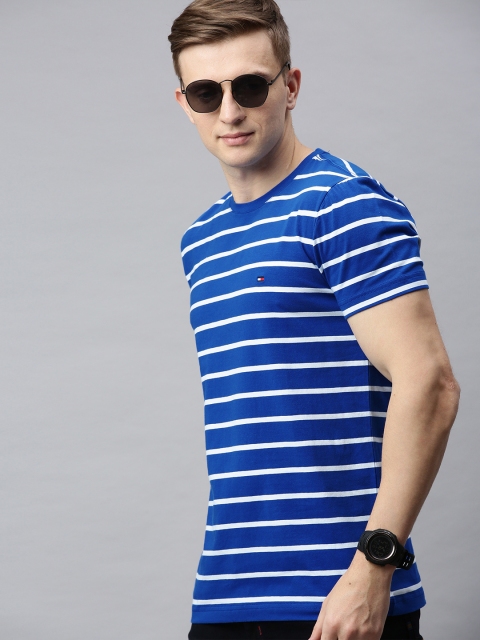 

Tommy Hilfiger Men Navy Blue & White Striped Slim Fit Round Neck T-shirt