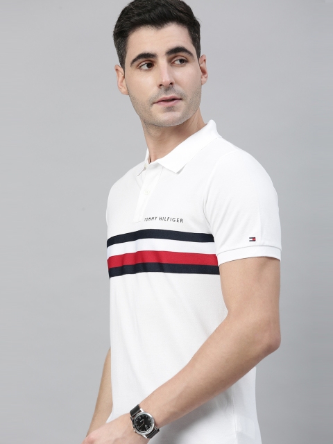 

Tommy Hilfiger Men White & Navy Blue Slim Fit Striped Polo Collar T-shirt