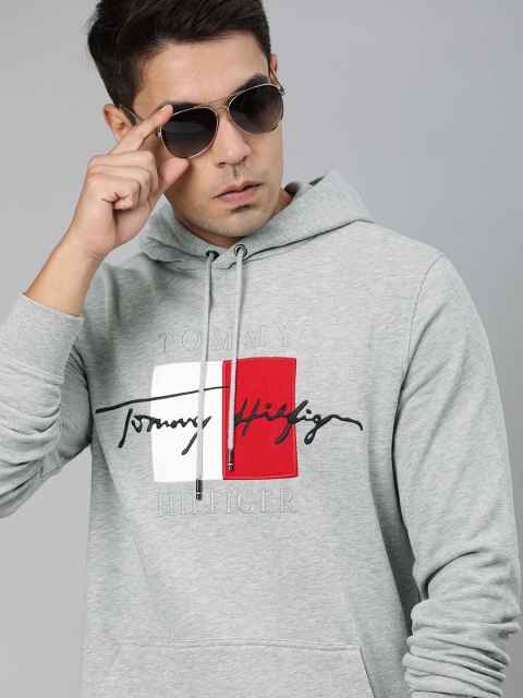 

Tommy Hilfiger Men Grey Embroidered Hooded Pullover Sweatshirt