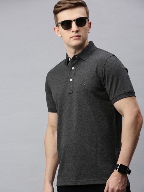 

Tommy Hilfiger Men Charcoal Grey Slim Fit Solid Polo Collar Pure Cotton T-shirt
