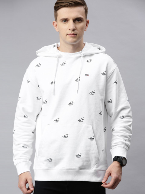 

Tommy Hilfiger Men White & Navy Blue Printed Hooded Sweatshirt