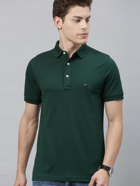 

Tommy Hilfiger Men Green Solid Polo Collar Pure Cotton T-shirt