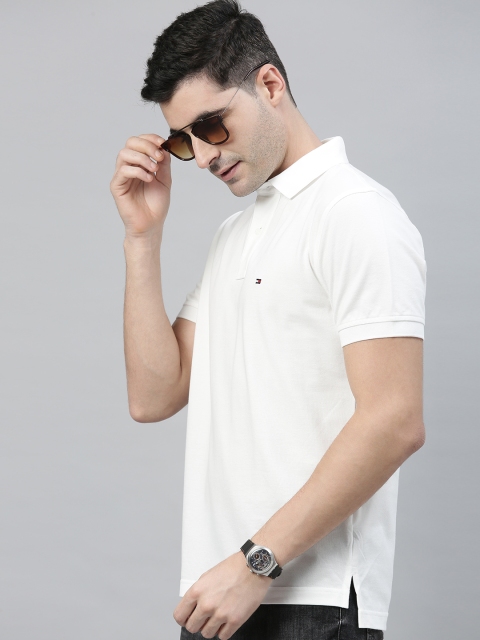 

Tommy Hilfiger Men Off-White Solid Polo Collar Pure Cotton T-shirt