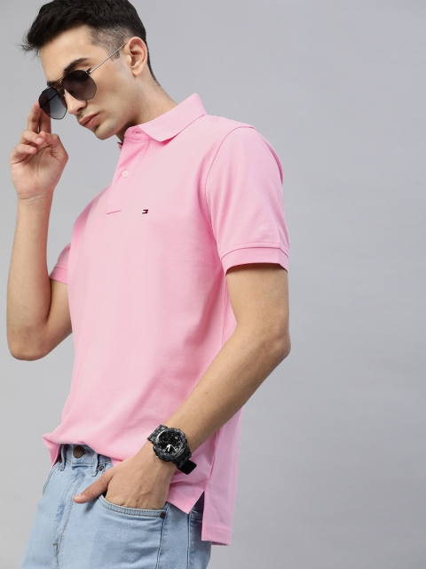 

Tommy Hilfiger Men Pink Solid Polo Collar Pure Cotton T-shirt