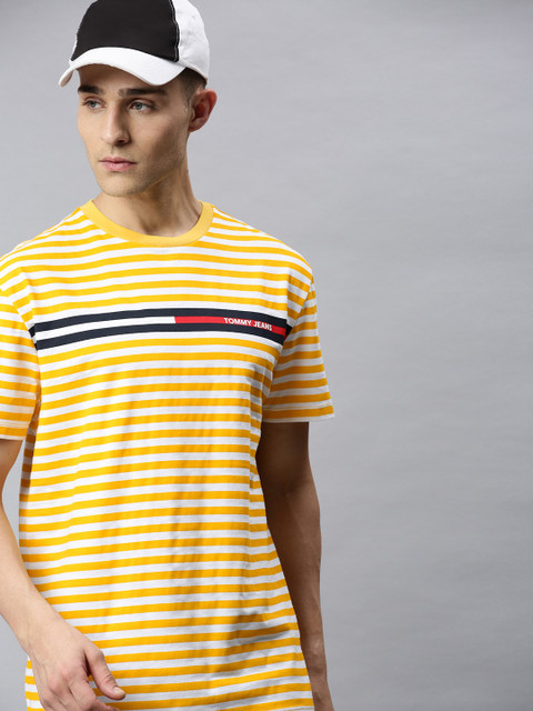

Tommy Hilfiger Men Yellow Striped Round Neck Pure Cotton T-shirt