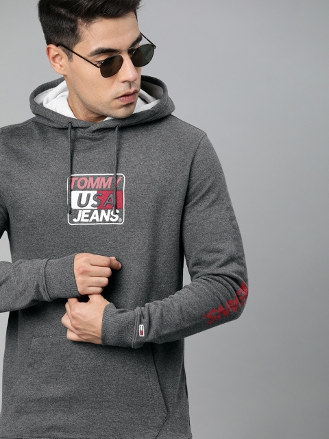 

Tommy Hilfiger Men Grey Melange & White Printed Hooded Sweatshirt