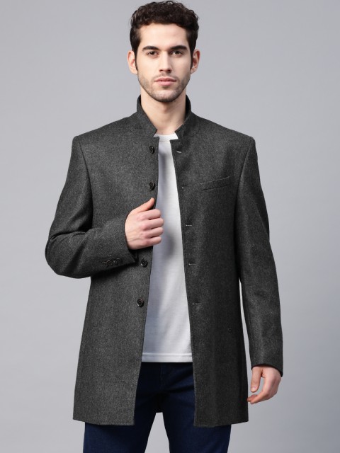

Blackberrys Men Charcoal Grey Solid Slim Fit Single-Breasted Tweed Coat