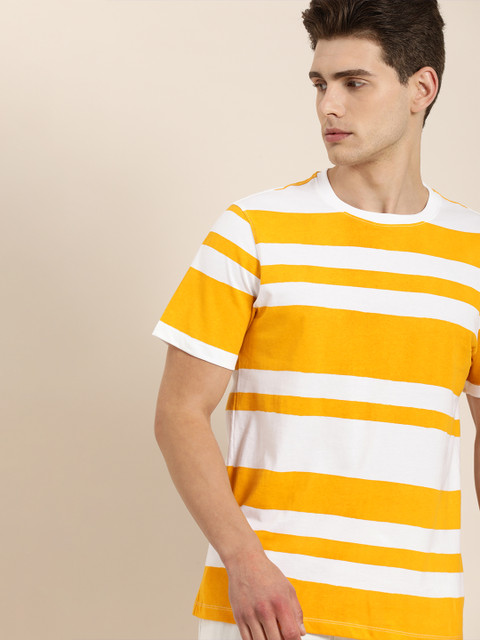 

ether Men White & Mustard Yellow Striped T-shirt