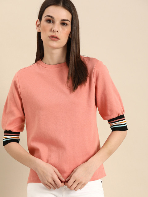

ether Women Pink Solid Round Neck T-shirt