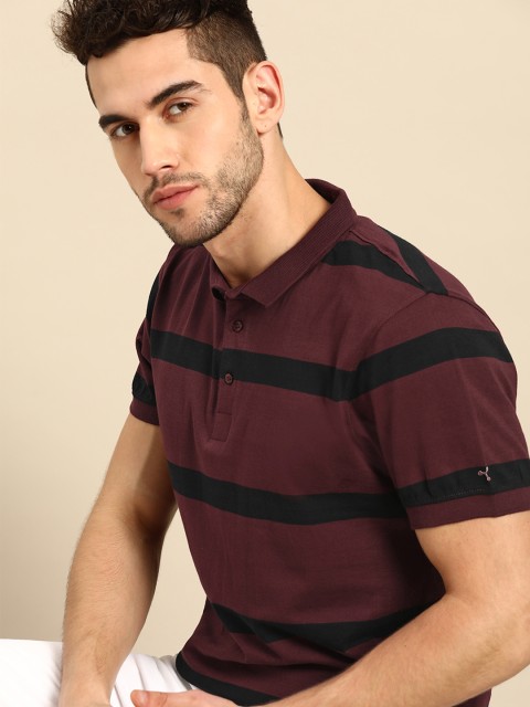 

ether Men Burgundy & Navy Blue Striped Pure Cotton Polo Collar T-shirt