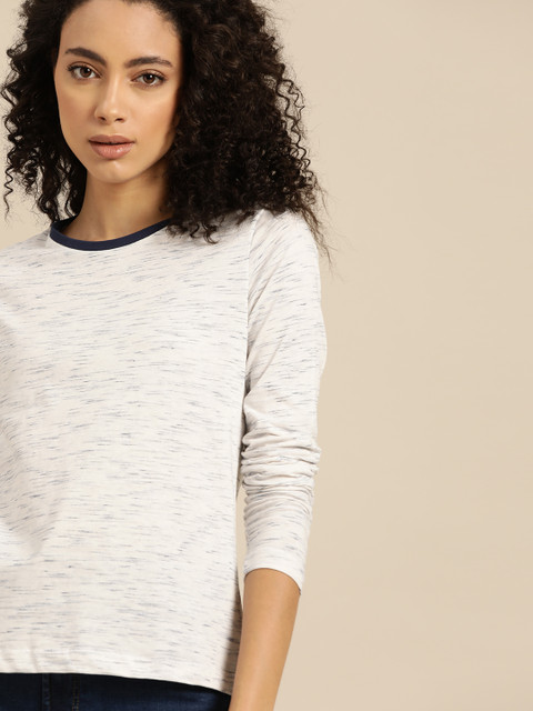 

ether Women White & Blue Self Design Round Neck T-shirt