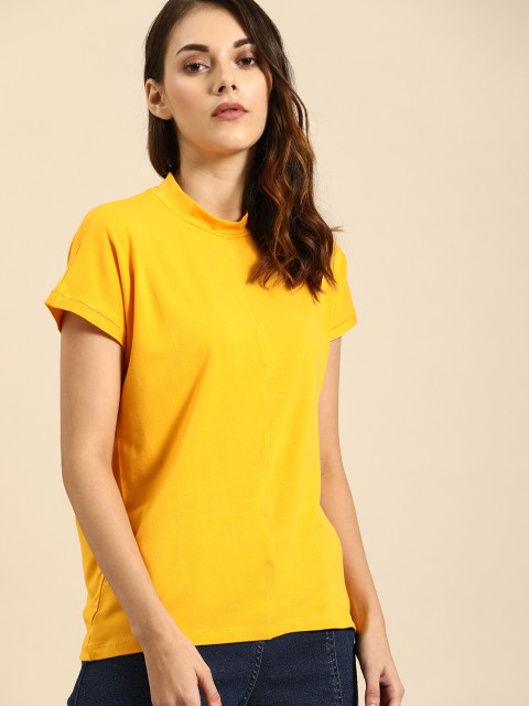 

ether Women Mustard Yellow Solid Round Neck T-shirt