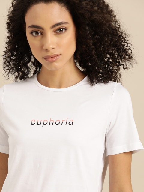 

ether Women White Printed Round Neck T-shirt