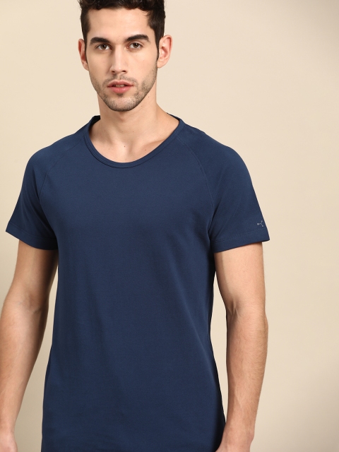 

ether Men Navy Blue Pure Cotton Solid Round Neck T-shirt