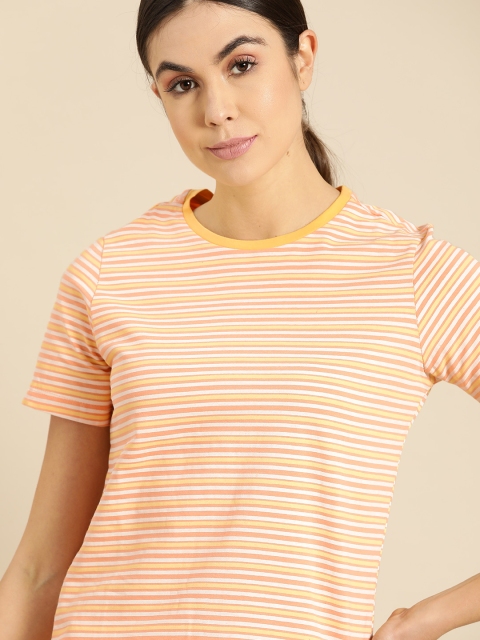 

ether Women Peach-Coloured & Yellow Pure Cotton Striped Round Neck T-shirt