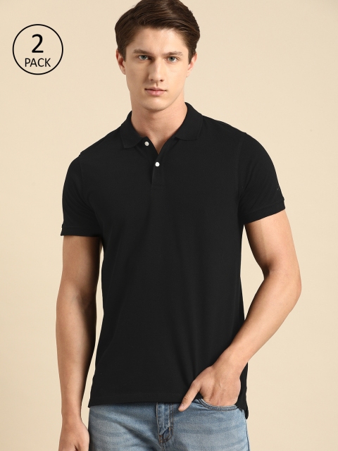 

ether Men Pack of 2 Black Solid Polo Collar Pure Cotton T-shirt