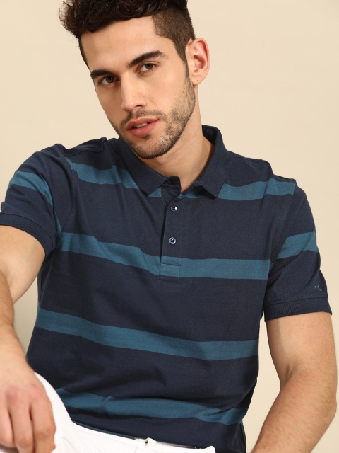 

ether Men Blue Striped Pure Cotton Polo Collar T-shirt