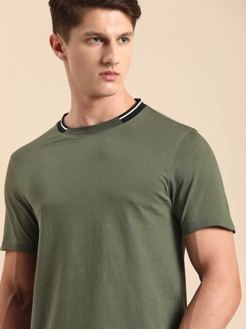 

ether Men Olive Green Solid Round Neck T-shirt