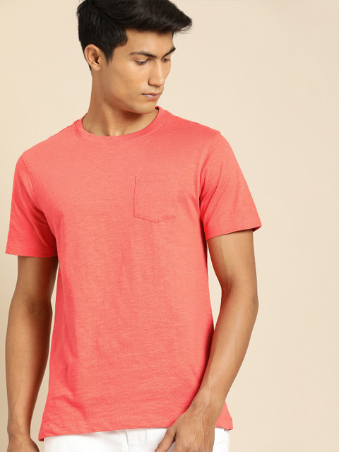 

ether Men Coral Orange Solid Round Neck T-shirt