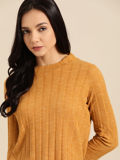

ether Women Mustard Brown & White Ribbed Self Design Top
