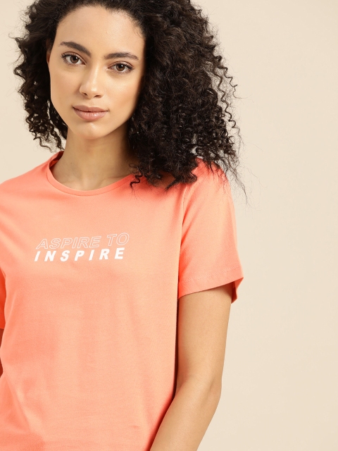 

ether Women Peach-Coloured Printed Detail Round Neck T-shirt