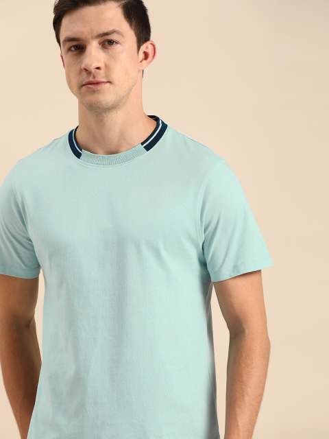 

ether Men Turquoise Blue Solid Round Neck Pure Cotton T-shirt