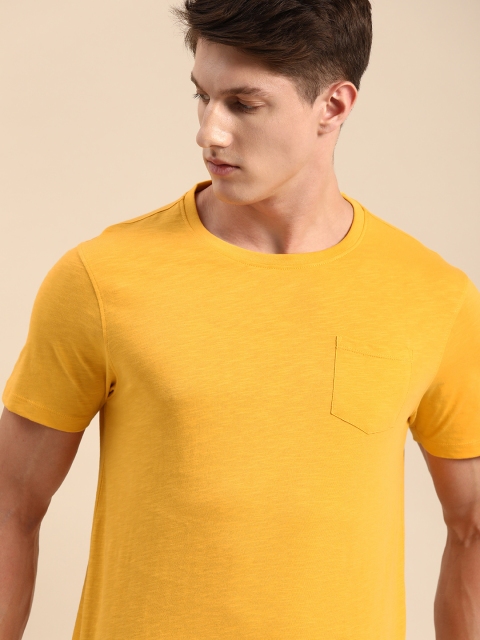 

ether Men Mustard Yellow Solid Round Neck Pure Cotton T-shirt with Pocket