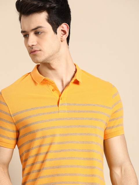 

ether Men Yellow Grey Striped Pure Cotton Polo Collar Pure Cotton T-shirt