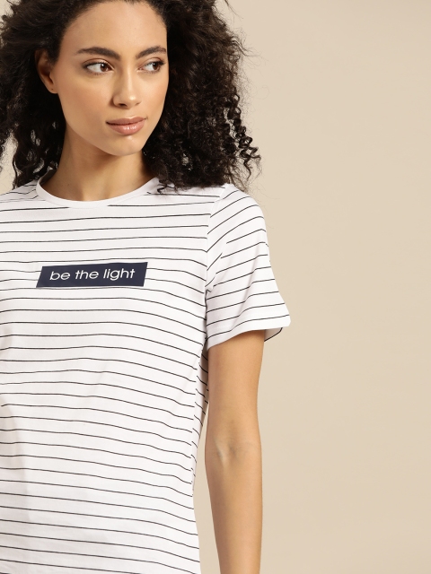 

ether Women White & Black Striped Round Neck T-shirt