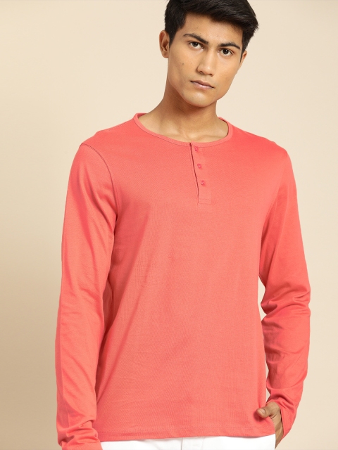 

ether Men Coral Orange Solid Henley Neck T-shirt