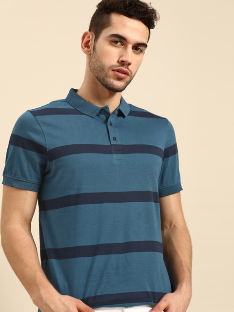 

ether Men Blue & Black Striped Pure Cotton Polo Collar T-shirt