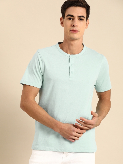 

ether Men Blue Solid Henley Neck Pure Cotton T-shirt