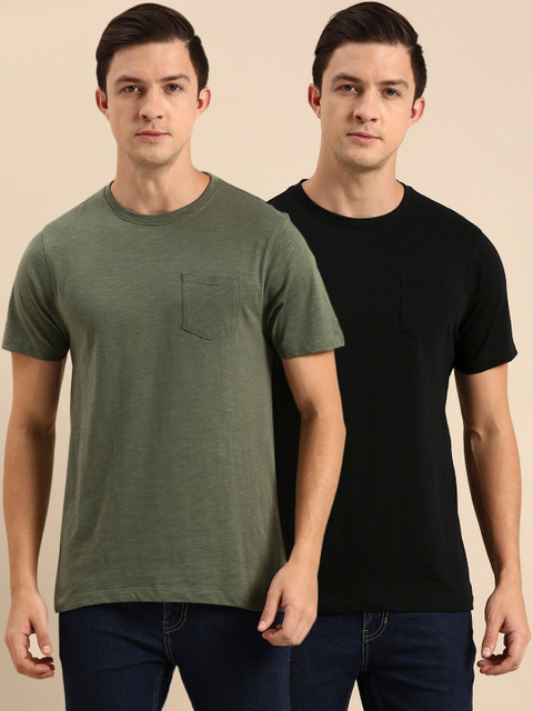 

ether Men Set of 2 Olive Green & Black Solid Round Neck Pure Cotton T-shirts