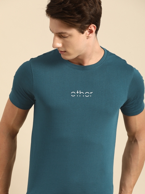 

ether Men Teal Blue Printed Round Neck T-shirt