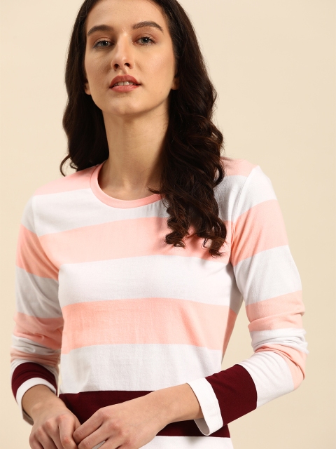 

ether Women White & Peach-Coloured Striped Pure Cotton Round Neck T-shirt
