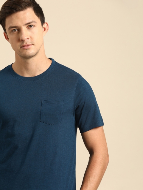 

ether Men Navy Blue Solid Round Neck Pure Cotton T-shirt