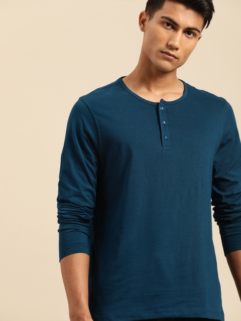 

ether Men Teal Blue Solid Henley Neck T-shirt