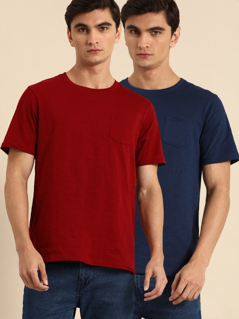 

ether Men Pack Of 2 Red & Navy Blue Solid Round Neck T-shirts