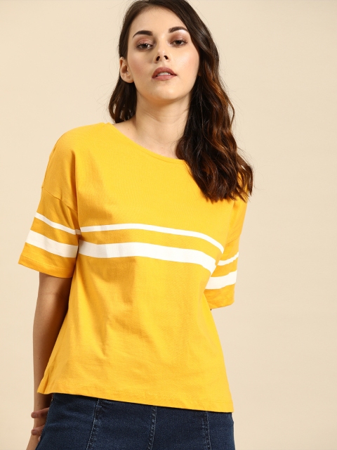 

ether Women Mustard Yellow & White Striped Round Neck T-shirt